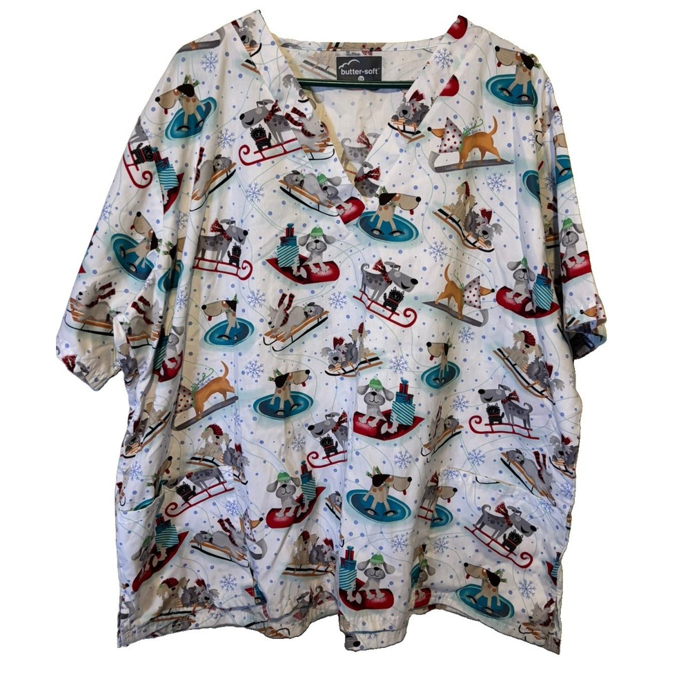 Butter-Soft Womens Scrub Top 2XL Christmas Winter Dogs Cats Sledding